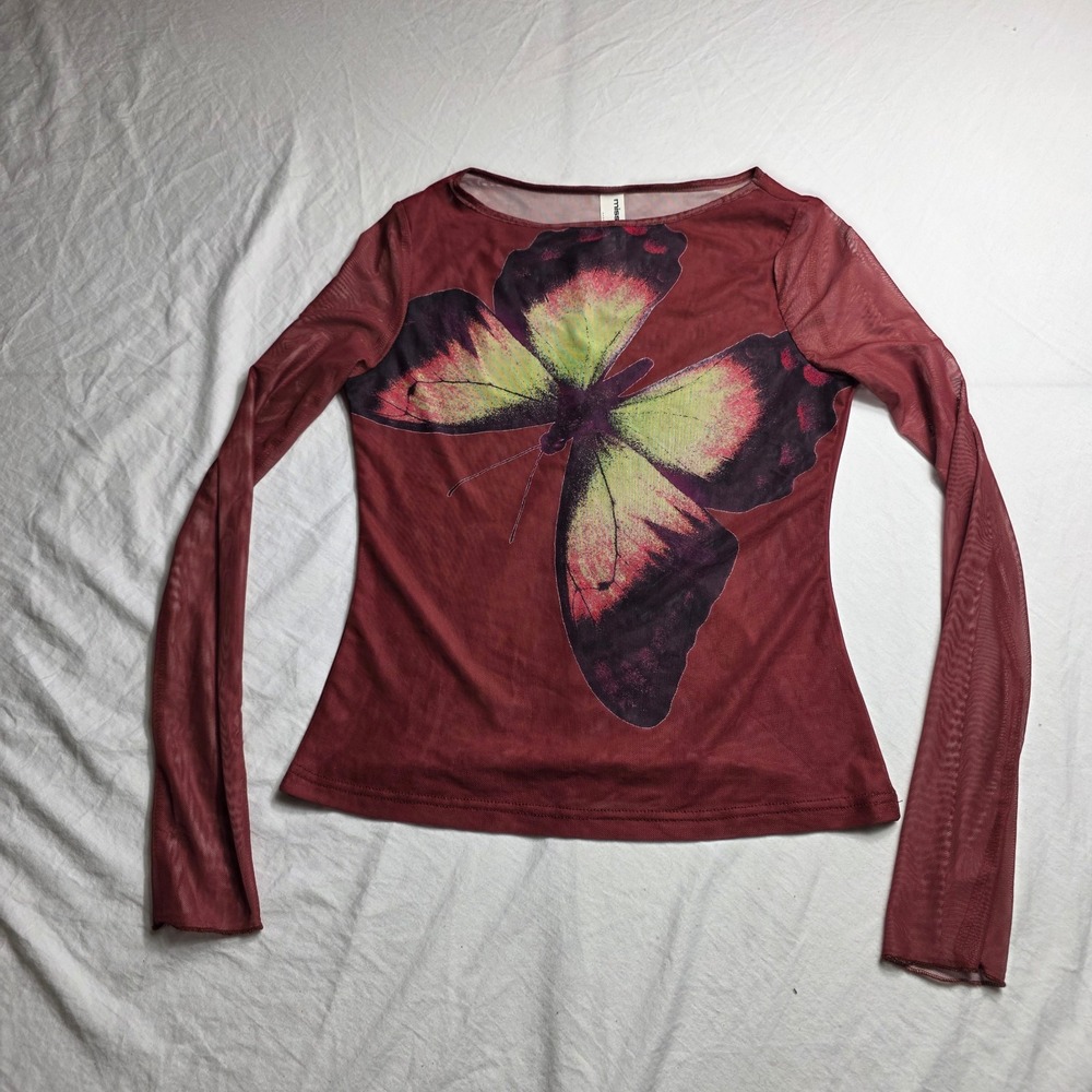 missguided women's shirt top butterfly sheer long sleeve medium
